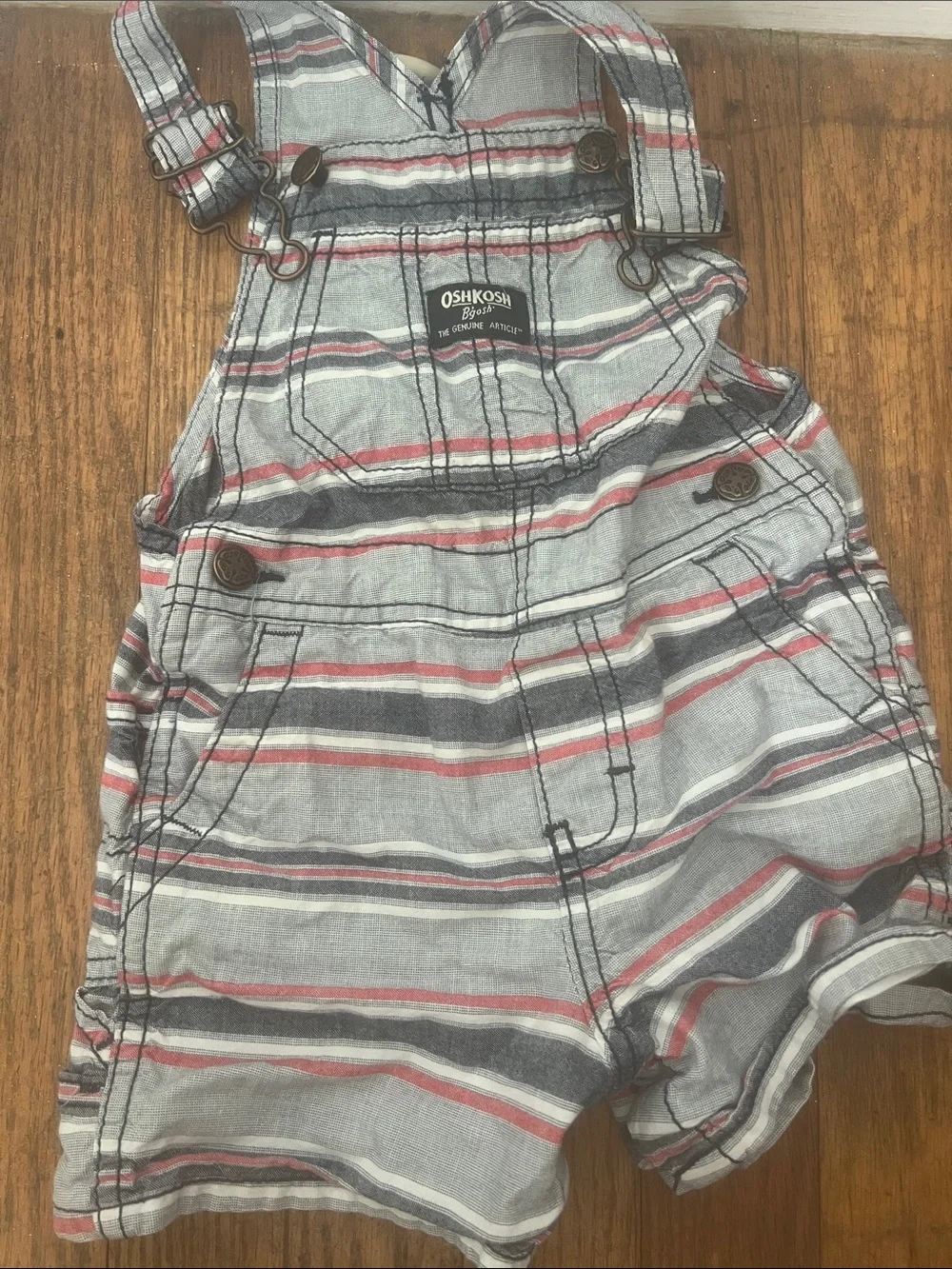 OshKosh B'gosh Gray, Red & White Striped Toddler Overalls Shorts 18month